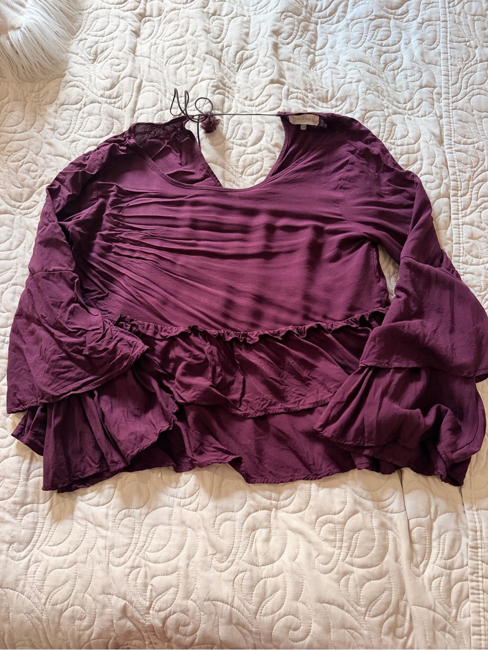 Altar’d State Burgundy rayon blouse with ruffles and tie back size Medium